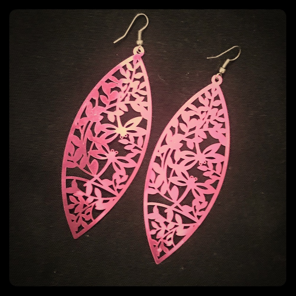 Dark pink laser cut design dangle earrings